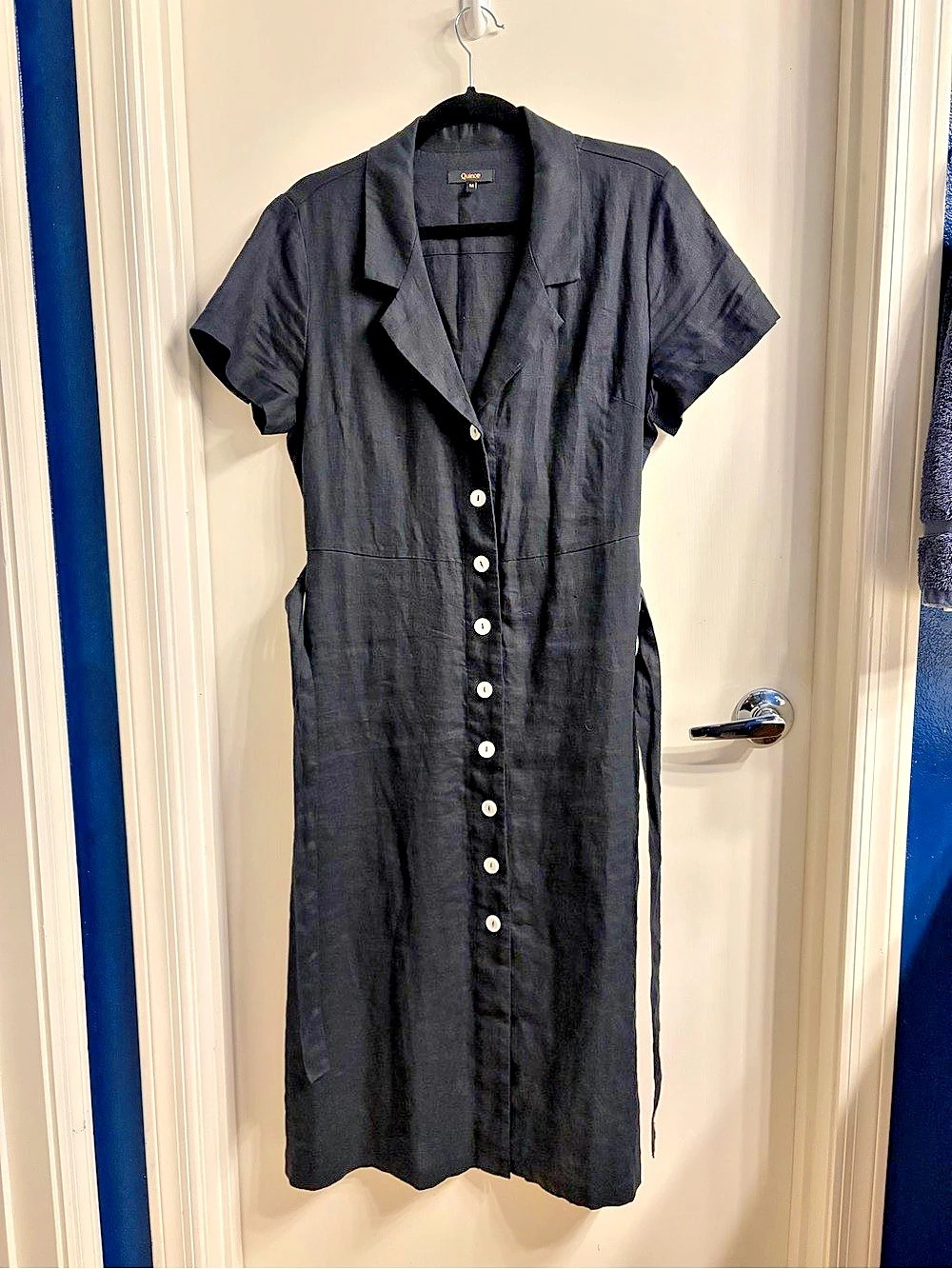Quince 100% European Linen Button Front Dress Black Medium